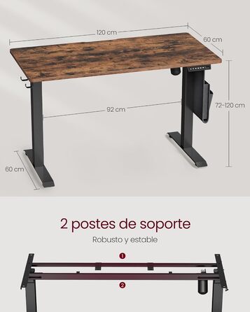 VASAGLE Electric Height Adjustable Desk - Vintage Brown, 60 x 120 x (72-120) cm, Memory Function, Wood & Steel Frame