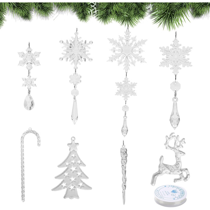 Anstore 30 Pcs Acrylic Ice Stick Snowflake Dangle Charms, Christmas Tree Crystal Decorations, Christmas Tree Ornaments Snowflake Hanging Winter Decorations for Party Wedding Christmas Decorations Transparent