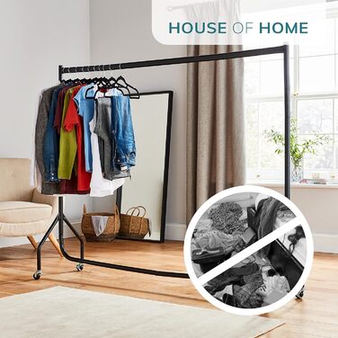 House of Home Robust Metal Clothes Rail with Wheels – 1-Tier Replacement for a Wardrobe with a Single Rail – Clothes Rack for Hanging – Storage
