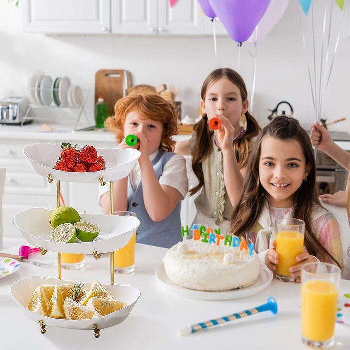 Стійка для фруктів та овочів JurciCat з 3 ярусами, золотий металевий каркас, білі пластикові миски