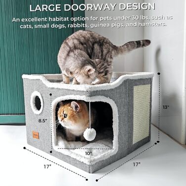 Spindro Cat Cave Cat Bed Large, Cat House Indoor Cat Sleeping Place with Removable Sherpa Cat Cushion and Hanging Toy, Cat Bed, Light Grey 42x42x33cm
