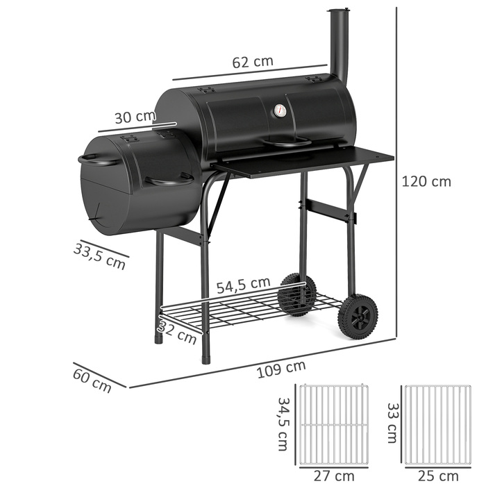 Сталевий вугільний гриль Outsunny BBQ Smoker з кришкою, термометром, колесами, полицею, мобільний гриль-візок з регулюванням подачі повітря, кошик для вугілля, вугільний гриль для барбекю, кемпінгу, саду 109x60x120 см | Aosom