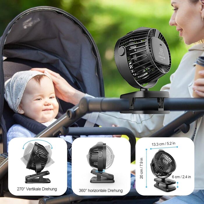 8000mAh Mini USB Clip Ventilator Battery, 13cm Small Table Fan with Remote Control, 5-Speed, LED Display, 360° Rotation, Rechargeable Battery Portable Table Fan for Home, Office, Camping, Stroller