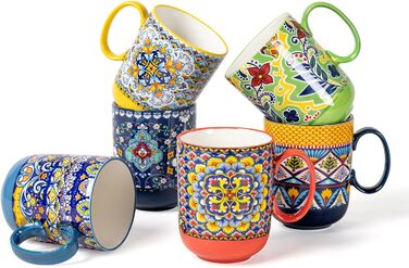 HENXFEN Ceramic Coffee Mugs, 410ml Coffee Cups Set with Handle, Porcelain Mugs for Tea Coffee Milk Cappuccino, Colorful, 6-Pack - Bohemian Style
