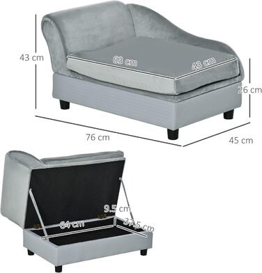 PawHut Крісло-диван для собак та котів з місцем для зберігання, сірого кольору, 76 x 45 x 43 см