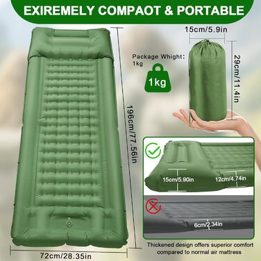 Саморозгортальний килимок Isomatte 12 см, з подушкою для кемпінгу, надувна повітряна матрацна, легкий, компактний, з насосом для відпочинку на природі, походів, намету, пляжу