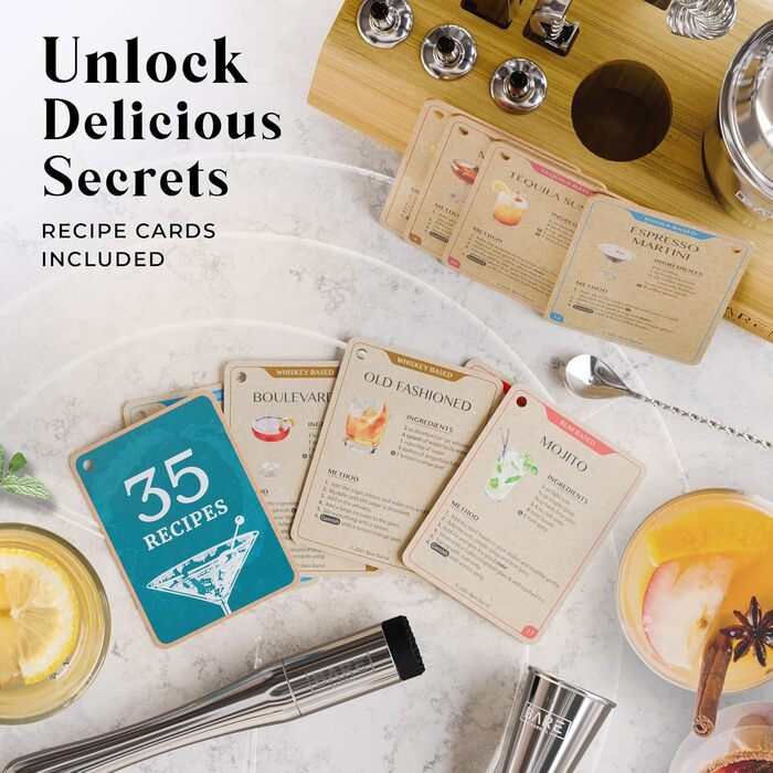 Набір бармена Mixology Barkeeper-Set для коктейлів та мартіні (14 предметів) з підставкою та рецептами. Професійний шейкер для барменів, подарунковий набір 0.7л