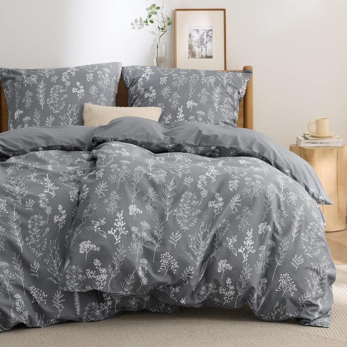 BEDSURE Комплект постільної білизни 135x200 з бавовни (4 частини) - сірий, з квітами, з блискавкою, ÖKO-TEX