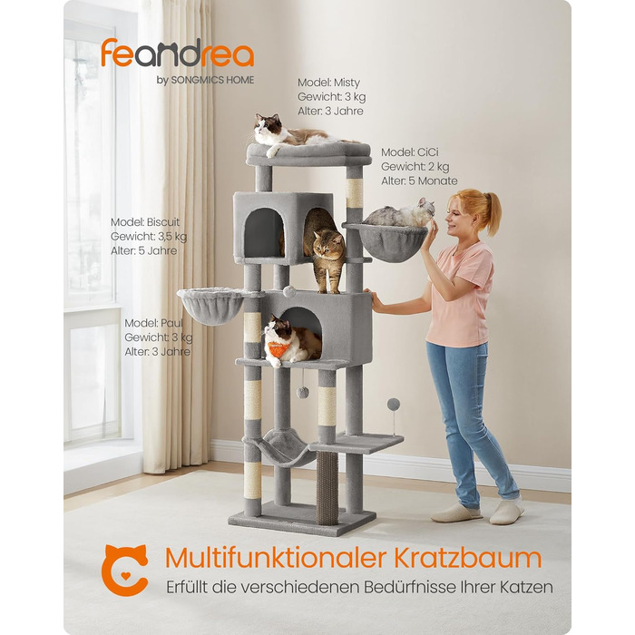 Дім для кота Feandrea, 175 см, XL, багатоярусний з 2 будиночками, 2 лежаками, 5 стовпчиками для шліфування, щіткою для котів, великою платформою, сірий (PCT182G01 XL)