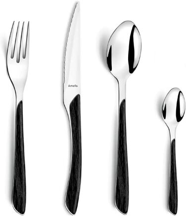AMEFA Eclat Nature Cutlery Set, 4 Persons (Wood-look/black), 16-Piece with Fine Grain, Stainless Steel 18/10, Rustproof and High-Gloss Polished, Dishwasher Safe, Cutlery Set for 4 People