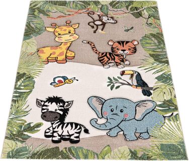 Paco Home Children's Rug, Children's Room, Jungle Animals, Giraffe, Lion, Monkey, Zebra, Beige, Cream, Size: Ø 120 cm Round