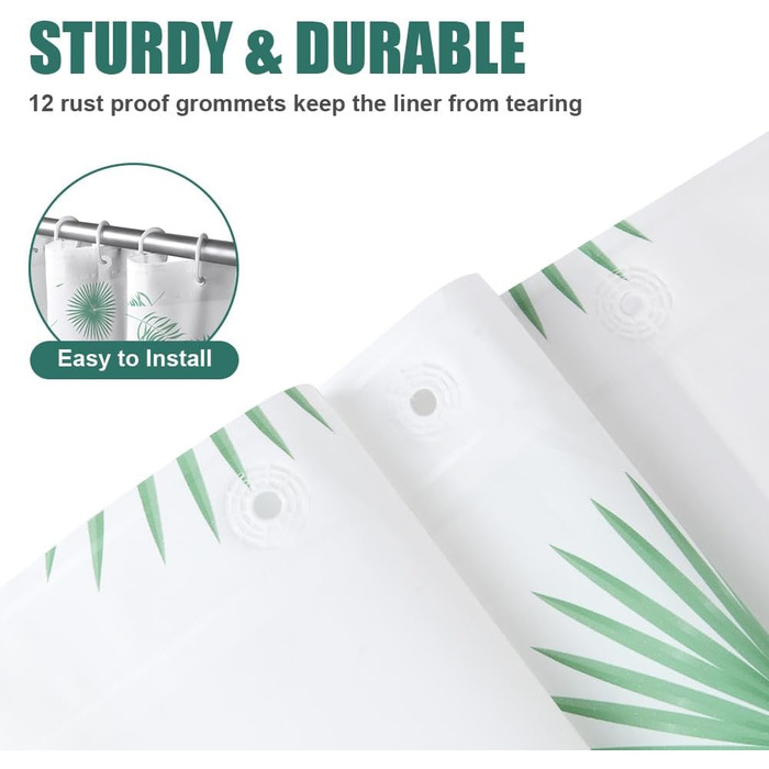 Шторка для душу URAQT, антибактеріальна, водонепроникна, швидковисихаюча, PEVA, 180x180 см, 12 кілець, біла