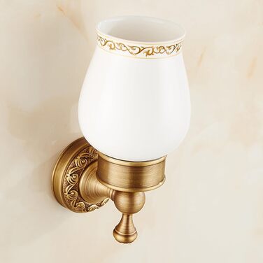 Brass toothbrush holder, antique bronze finish, cup holder with white ceramic cup, wall-mounted, bathroom accessories, patterned carved design