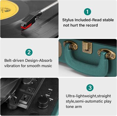 Програвач вінілу HiFi Bluetooth USB з колонками Dual: компактна стереосистема з регульованим противагом та магнітним картриджем, RCA вихід (Синій)