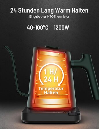 Paris Rhone Swan Neck Electric Kettle - 0.9L Temperature Control Kettle with Display, Knob, and 24-Hour Keep Warm Function - Dark Green
