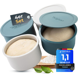 Pizza Ball Box with Lid, Set of 4 - Space-saving dough box made of easy-release silicone - Holds up to 350g of pizza dough - Proofing box, pizza accessory, pizza box - Black/Gray - Ø13cm (4 pieces blue+white)