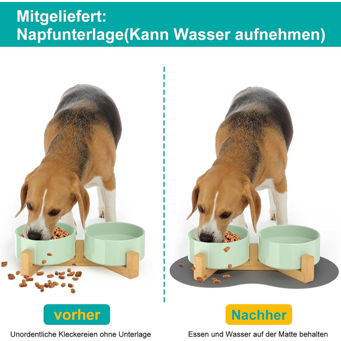 Doppel 850ml Ceramic Dog Bowl - Elevated Food and Water Bowl with Bamboo Stand & Non-Slip Mat for Medium & Large Dogs