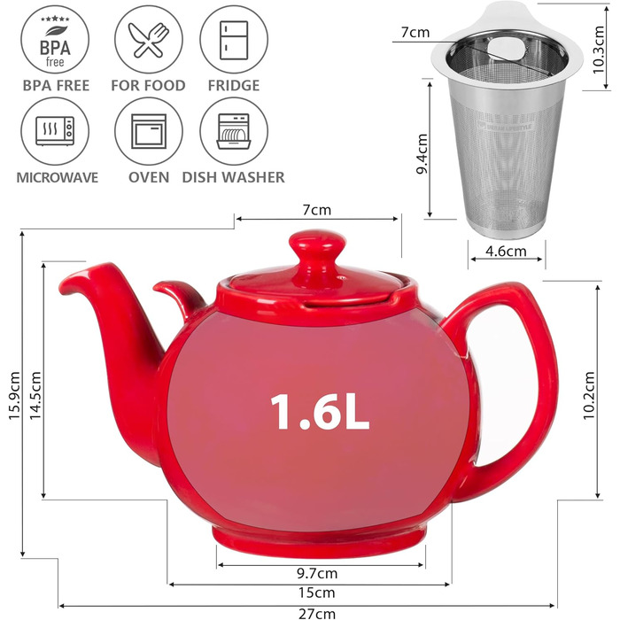 Керамічний чайник Urban Lifestyle LIVERPOOL з ситечком із нержавіючої сталі, 1.1 л, червоний