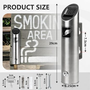 Настінний попільничка CPROSP з нержавіючої сталі, 28.5 x 6.5 см, з замком, для саду, двору, вілли, монтаж на стіну