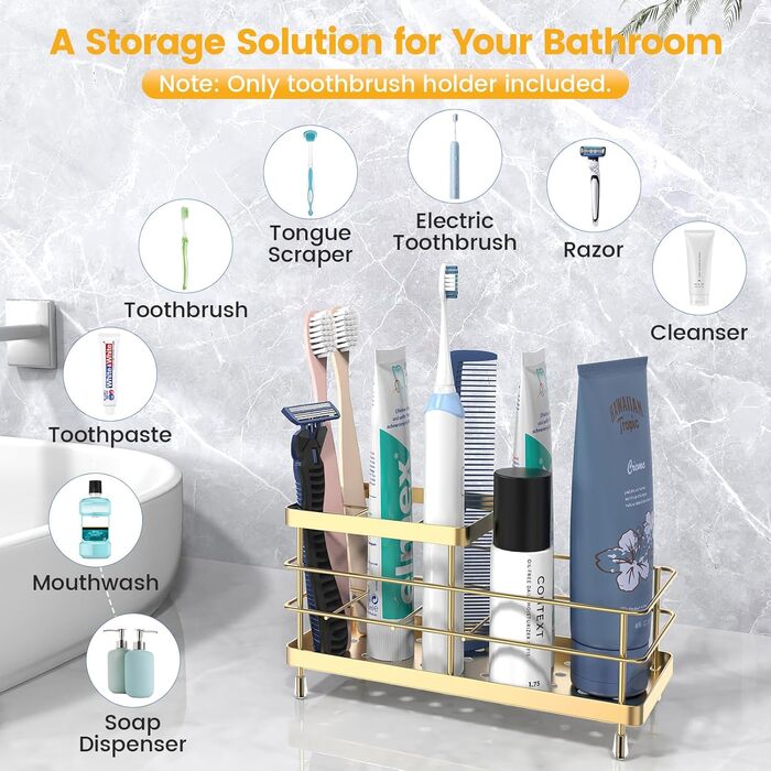 Тримач для зубних щіток Luxspire, нержавіюча сталь, електричний, настінний без свердління, з підставкою для зубної пасти, 2 слоти (золотий)