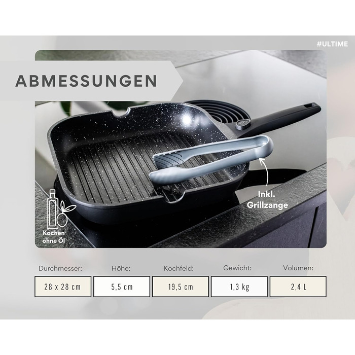 Сковорідка гриль 28 см з рифленою антипригарною поверхнею та знімною ручкою, для всіх типів плит (індукція) – для стейків та овочів гриль, з щипцями, без PFOA/PFOS, чорна