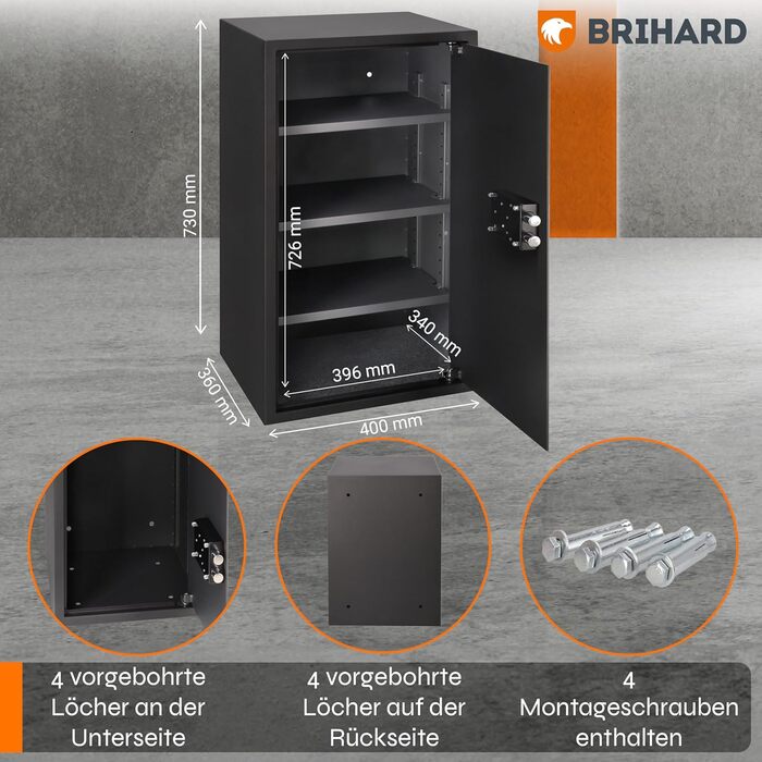 Сейф для бізнесу Brihard Tresor XL з ключовим замком, 50x35x36 см, сірий Titan