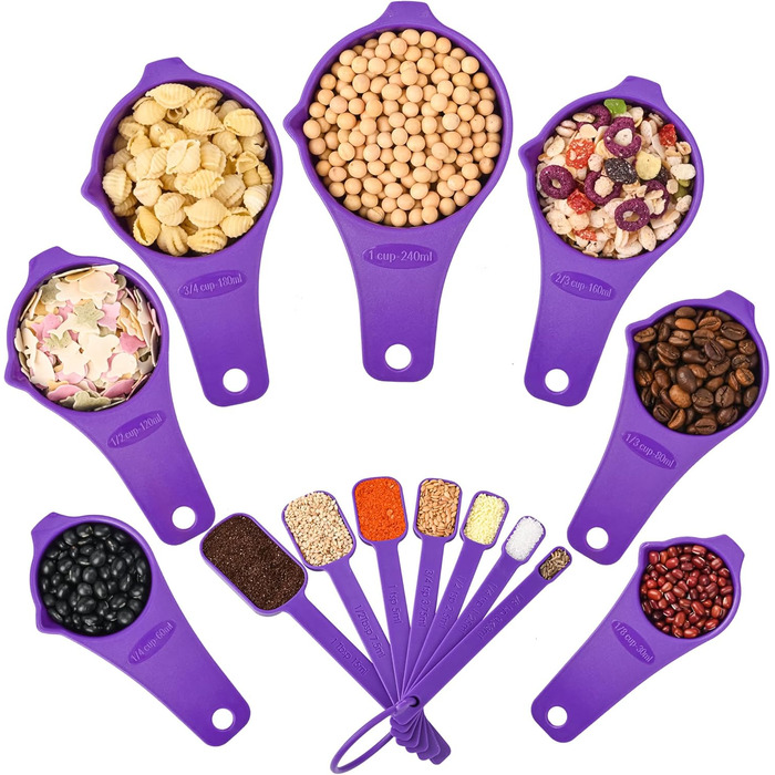 Violetta Measuring Cup and Spoon Set, 15 Pieces, Plastic Measuring Cups, 7 Plastic Measuring Cups and 7 Plastic Measuring Spoons with Leveler, Cute Measuring Cups for Baking and Kitchen