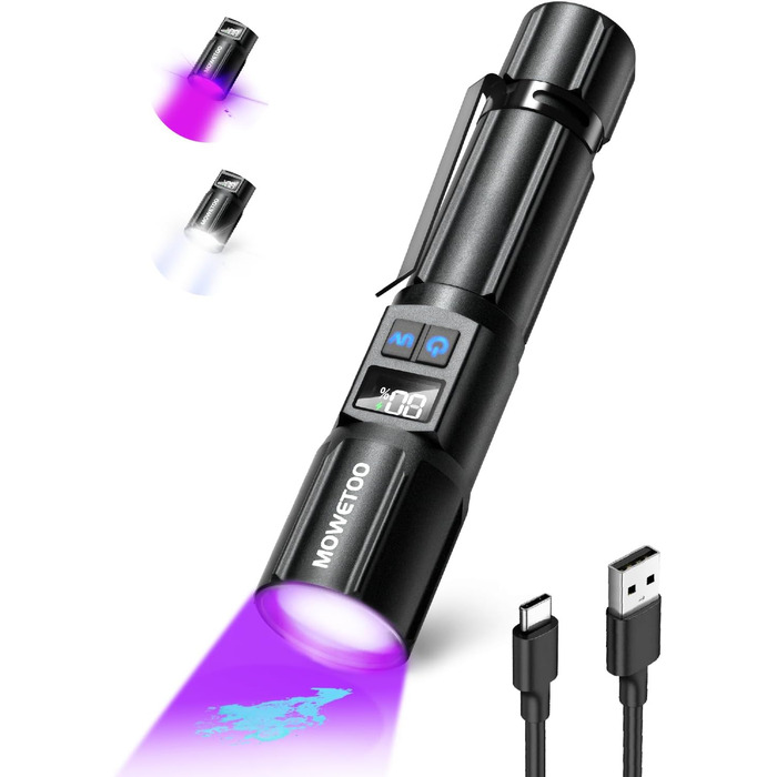 Ліхтар USB з UV-лампою 395nm, 2-в-1, з зумом, 5 режимів, LCD-дисплей для перевірки грошей, виявлення плям, перевірки тварин