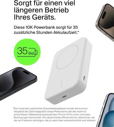 Бездротовий павербанк Belkin BoostCharge Pro 10000mAh з підтримкою Qi2 та MagSafe, портативний зарядний пристрій зі стійкою для iPhone 16, 15, 14, Pixel — Білий