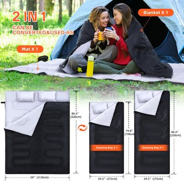 Спальний мішок Ohuhu на 2 особи, 220x150 см, для кемпінгу, подорожей, сімейного відпочинку та фестивалів (чорний, 3.5 кг)