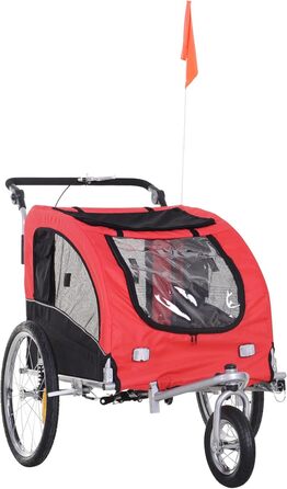 PawHut Причіп для собак 2-в-1, велосипедний причіп для собак, візок для собак з відбивачами, прапорцем, причіп для собак PawHut, оксфордська тканина (Червоний+Чорний)