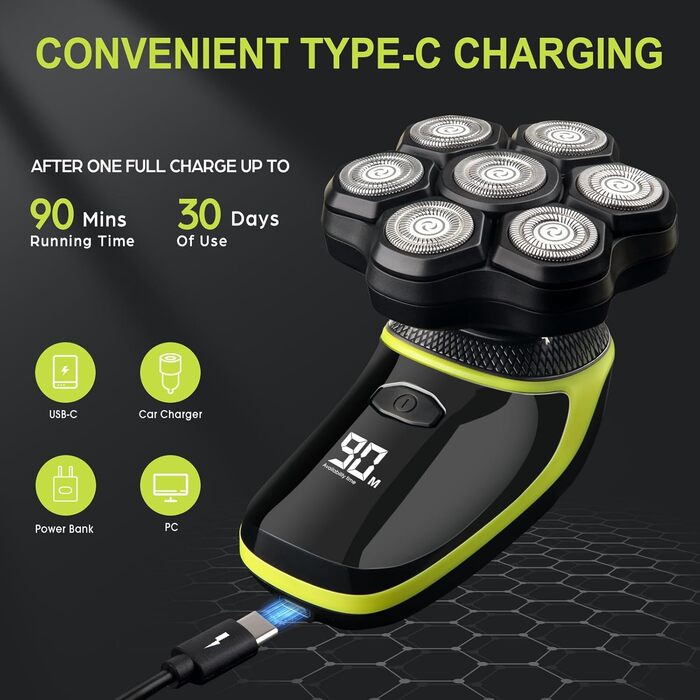 Електричний голєва машина 7D для чоловіків з LED-дисплеєм, IPX7 водонепроникність, USB-C зарядка