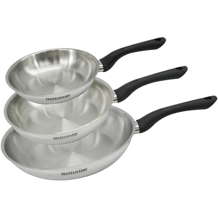 Набір сковорідок Fackelmann 9441450, 3 шт. (20, 24, 28 см), нержавіюча сталь 18/8, для всіх плит, Induktion, PFAS-free, сірий колір