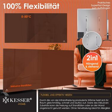 Інфрачервовий обігрівач KESSER 600W з функцією 2в1: підлоговий та настінний. Енергозберігаючий склокерамічний обігрівач з термостатом, пультом дистанційного керування та керуванням через додаток. Чорний колір.