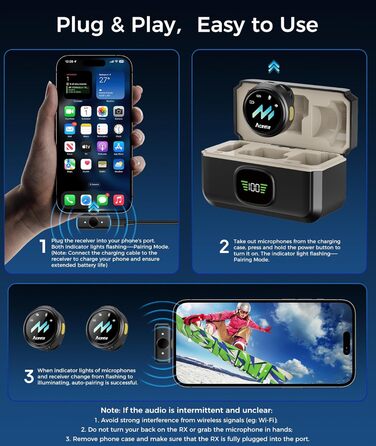 Мікрофон-петличка Aceele бездротовий для iPhone/Android/планшетів/ПК, Hi-Fi звук, шумозаглушення, 24 години роботи, радіус дії 50м, мініатюрний мікрофон для відео/стрімінгу/влогів/подкастів/інтерв'ю з кейсом для зарядки