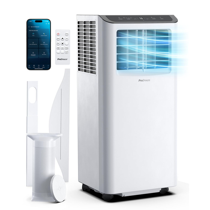 Мобільний кондиціонер Pro Breeze™ 9000 BTU 4-в-1: охолоджувач, вентилятор, осушувач, нічний режим. Клас енергоефективності A, комплект ущільнювача для вікна, пульт ДУ та таймер 24 години. Білий