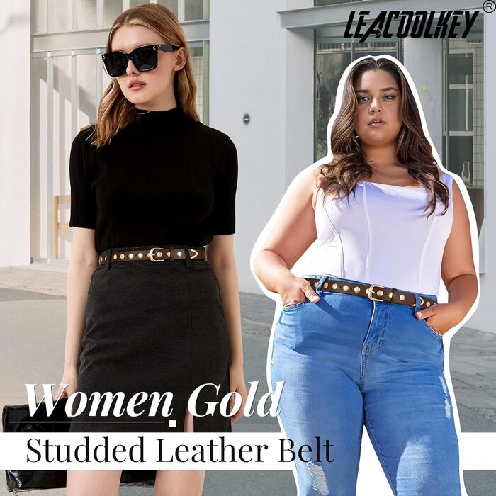 Жіночий шкіряний ремінь LEACOOLKEY для джинсів та штанів, з пряжками, стильний ремінь з нітями, розмір M (82-91 см) та S (66-81 см)