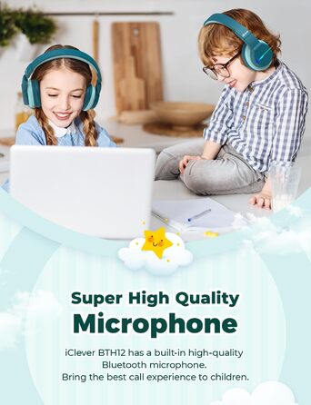 iClever навушники Bluetooth для дітей з LED-підсвіткою, Over-Ear, обмеження гучності 74/85dBA, 85 годин роботи, Bluetooth 5.2, мікрофон, BTH12, зелені