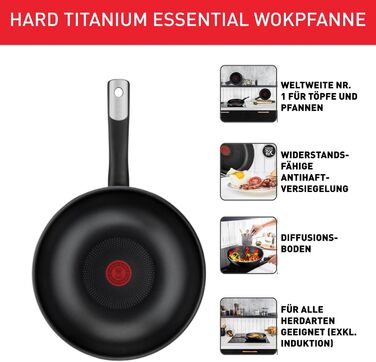 Сковорода Tefal Hard Titanium Essential Wok 28 см, антипригарна, з індикатором нагріву, виготовлено у Франції