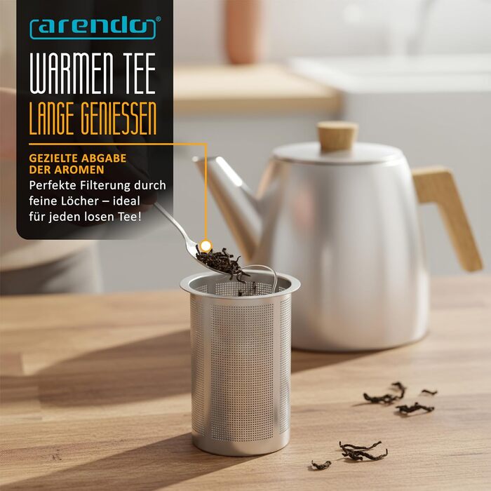 Заварник для чаю Arendo з нержавіючої сталі з ситом, 1000 мл, термос з подвійними стінками та дерев'яними ручками, сріблястий