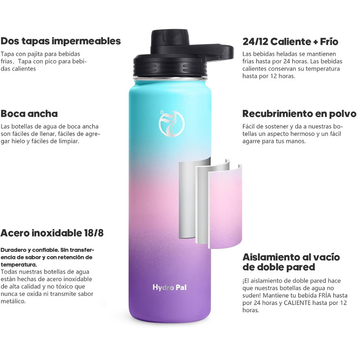 Термопляшка HydroPal 1.2л з нержавіючої сталі, BPA-free, зі соломинкою та 2 кришками (для пиття та виливання), для спорту, кемпінгу та подорожей