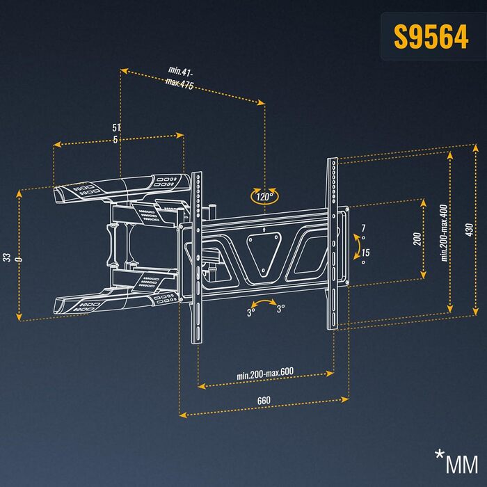 Кріплення для телевізора RICOO S9564: універсальний настінний тримач для телевізорів 40-75 дюймів (VESA 600x400, до 45 кг) з можливістю нахилу та повороту