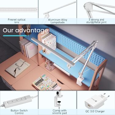 Лампа для робочого столу в офіс, кріпиться на стіл, архітекторська лампа з адаптером QC3.0, лінза Френеля, 5 режимів кольору та регулювання яскравості, лампа-прищіпка з функцією пам'яті, біле освітлення
