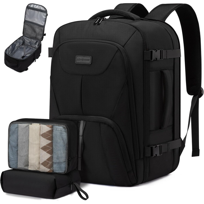 LOVEVOOK Рюкзак ручної поклажі 40L, великий розширюваний туристичний рюкзак для чоловіків, рюкзак для ноутбука 17 дюймів, валіза-рюкзак, ручна поклажа для подорожей, чорний