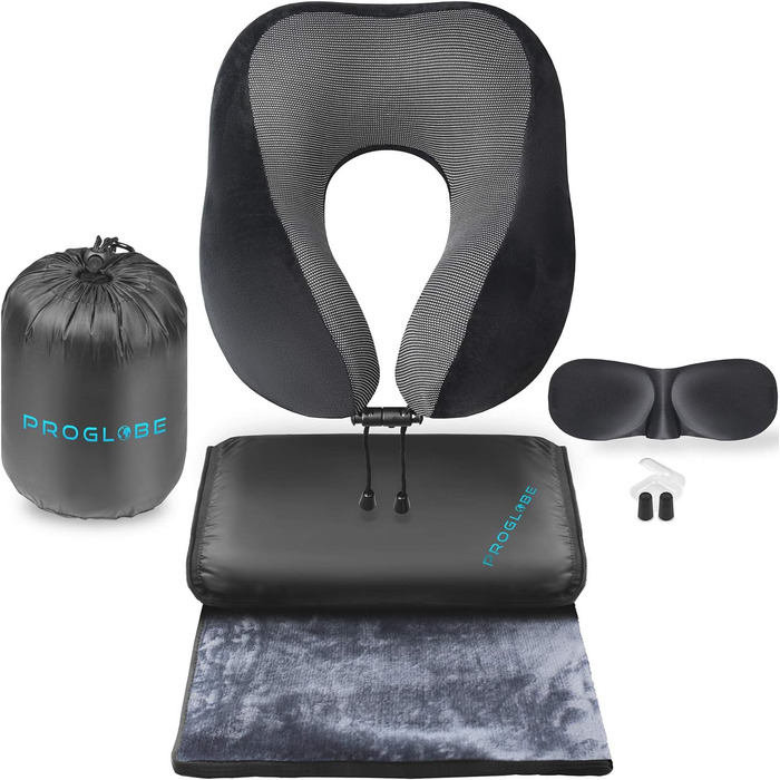 ProGlobe Travel Pillow Set - Memory Foam Neck Pillow for Flights with Sleep Mask, Earplugs, Blanket & Carry Bag