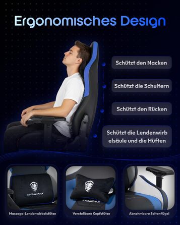 Ігровий крісло Dowinx з 4D підлокітниками, функцією гойдання 15° та регулюванням спинки до 165°, масажний, ергономічний, дизайн у стилі гоночного авто, для геймерів, Esport, максимальне навантаження 135 кг (блакитний)