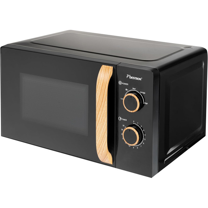 Мікрохвильова піч Bestron 700 Вт з панеллю керування та таймером на 30 хв, поворотний стіл 24,5 см, колекція Copper, чорний/дерево