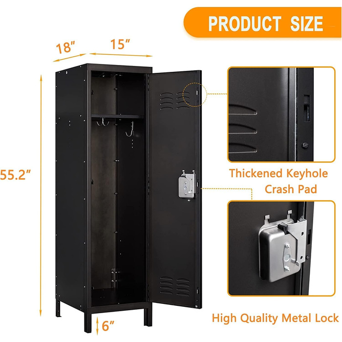 Metal locker with lockable doors, industrial steel cabinet for school, home, office, garage, H140*W38*D46 cm