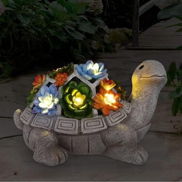 Yeomoo Solar Garden Figurines Turtle Garden Decor for Outdoors, with Succulents and 7 LED Lights Home Balcony Decoration, Cute Figurines Gifts for Women/Mom Decor for Room Terrace