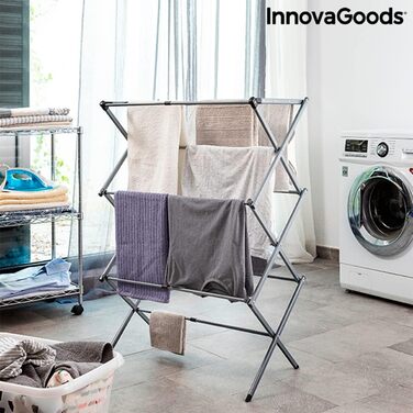 InnovaGoods - Folding and Extendable Metal Clothes Rack, 3 Height Levels, 11 Rods, Waterproof, Lightweight, Tool-Free Assembly, Iron, Silver, Size A